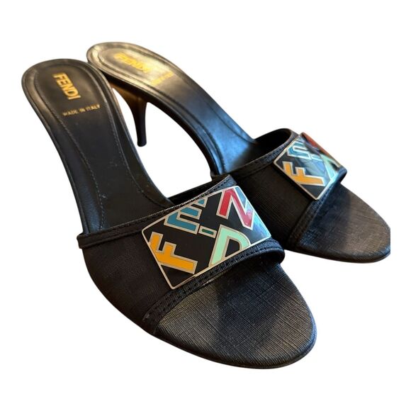 Fendi Zucca Slip On Sandals Size 36.5 Black Multicolor Logo Kitten Heels - Picture 1 of 12